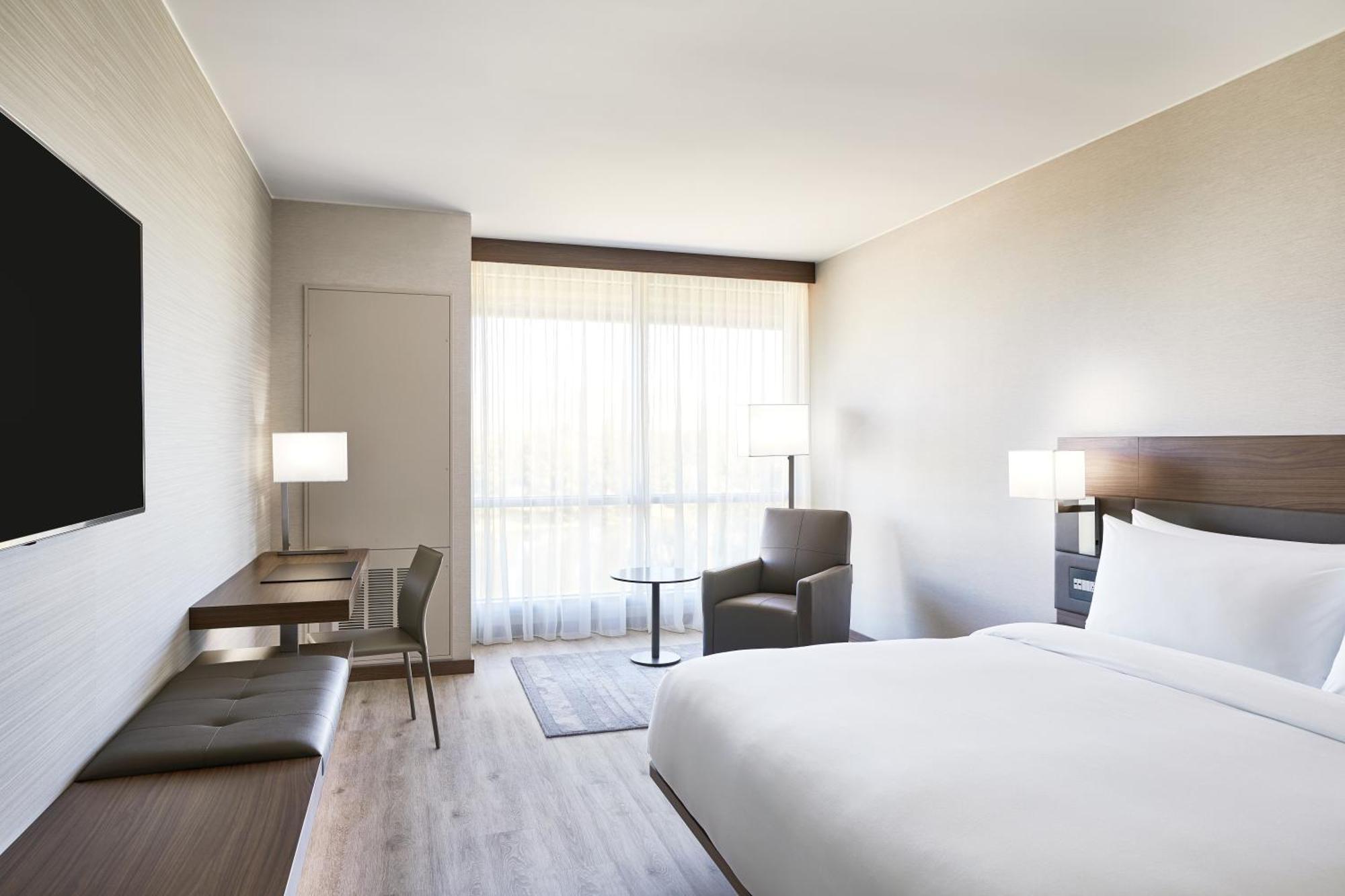 Guest room with king bed and mountain view